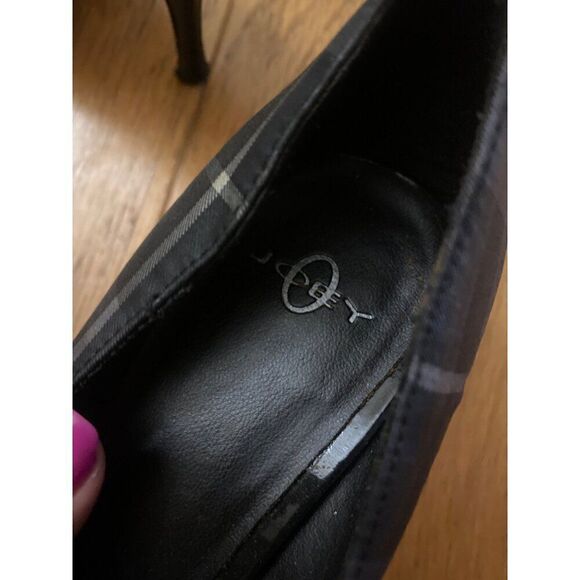 Joey women's dark navy blue plaid peep toe front bow 4" high heels size 7.5M - Picture 8 of 9